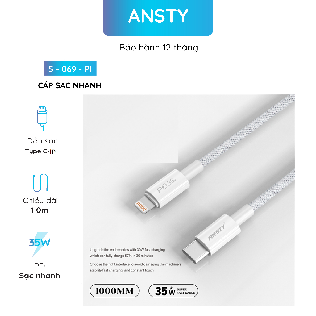 Cáp Sạc Nhanh Ansty S-069 Dây Dù 1m PD 35W Type C To Đầu Phổ Thông