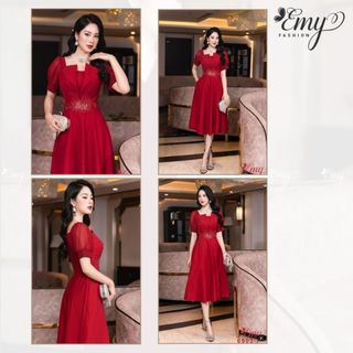 Đầm EMY EM6903 Xoè Đỏ Kết Hạt, Dự Tiệc Sang Trọng Thiết Kế Cao Cấp Cổ Kiểu Cúp Ngực