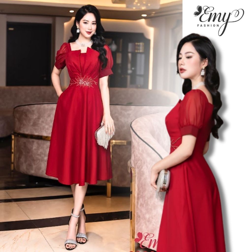 Đầm EMY EM6903 Xoè Đỏ Kết Hạt, Dự Tiệc Sang Trọng Thiết Kế Cao Cấp Cổ Kiểu Cúp Ngực