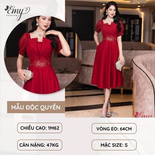 Đầm EMY EM6903 Xoè Đỏ Kết Hạt, Dự Tiệc Sang Trọng Thiết Kế Cao Cấp Cổ Kiểu Cúp Ngực