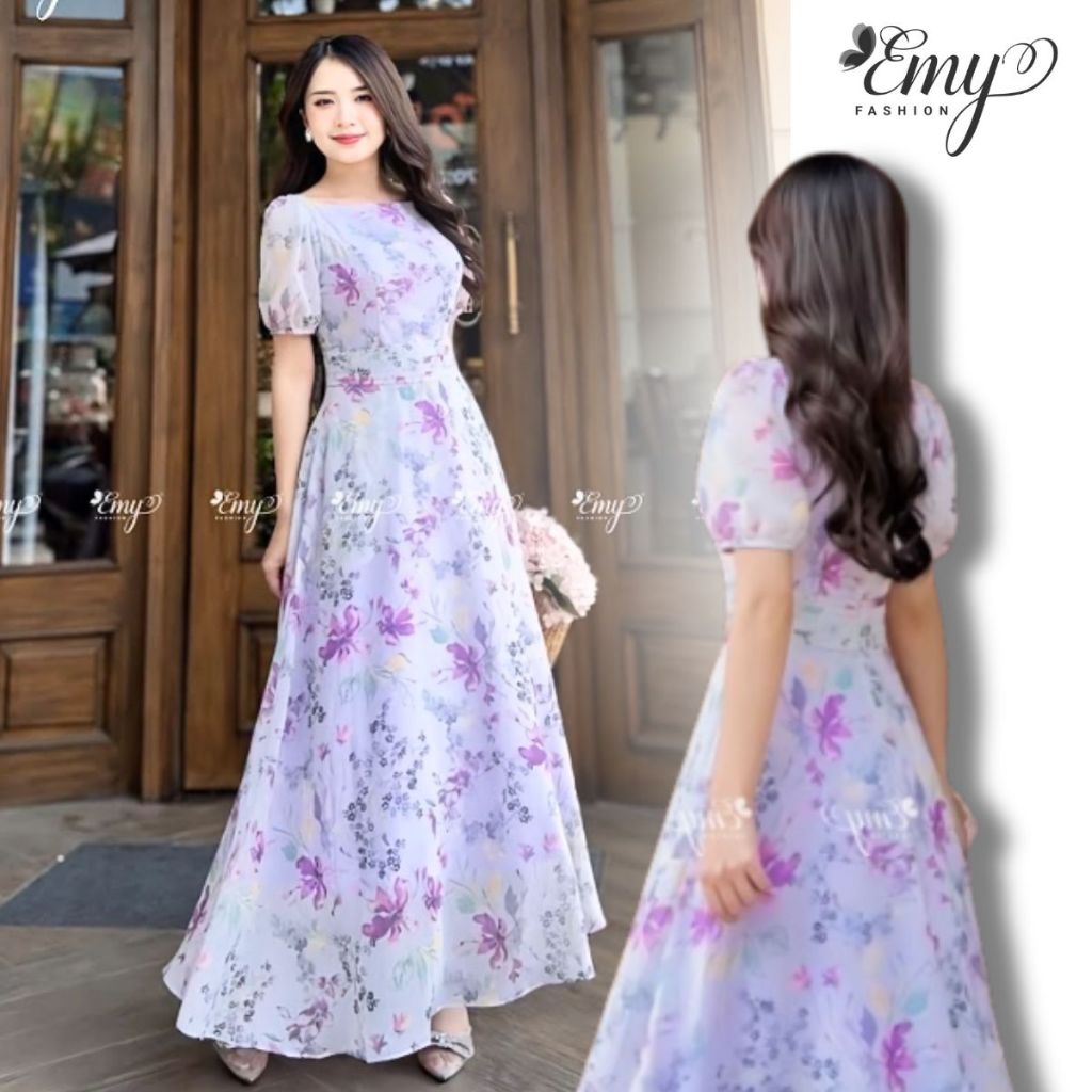Đầm Maxi EMY Đi Biển Cao Cấp EM9408 Dáng Xòe Tiểu Thư Cổ Tròn Tay Phồng, Hoa Tím Thanh Lịch