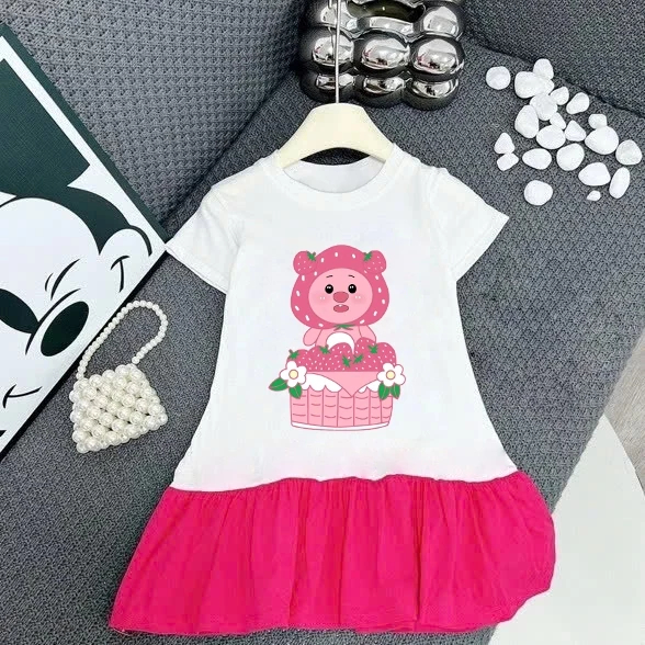Váy chữ A liền phối chân váy màu hồng cánh sen, Hình Chuột Hồng Rổ Dâu Tây vải thun cotton (M 114)
