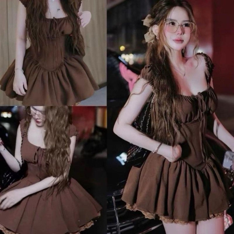 Đầm Cổ Vuông Cột Nơ Xếp Li Ngực Bo Eo Dáng Ngắn Phối Chân Ren Kèm Quần_KieuPham.Shop | BigBuy360 - bigbuy360.vn