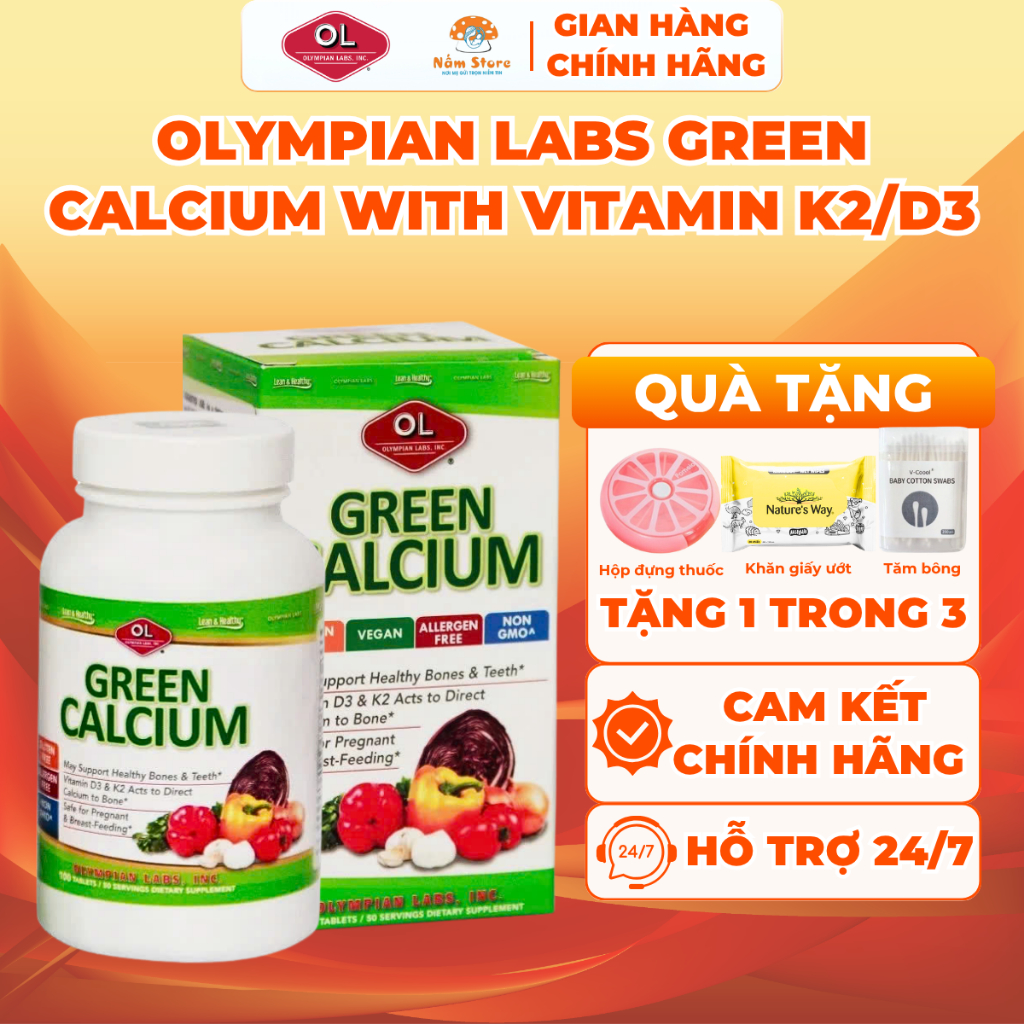 Bổ Sung Canxi Hữu Cơ Cho Bà Bầu Olympian Labs Green Calcium Trẻ Em Và Người Lớn - Hộp 100 viên