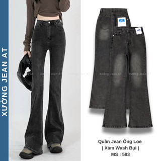 Quần Jean Nữ Ống Loe Lưng Cao Co Giãn Màu Xám Wash Bụi Dáng Ôm Siêu Tôn Dáng 593