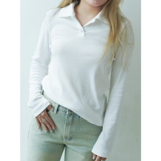 Áo Thun Polo Tay Dài Form Relaxed | Lola Polo Long Sleeve Top | White On Denim