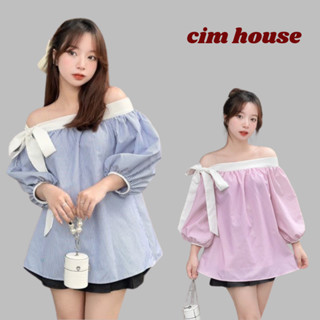 Áo trễ vai nữ tiểu thư thắt nơ lệch tay bồng vải kẻ xinh xắn,áo sơ mi nữ trễ vai  babydoll trẻ trung CIMHOUSE- CA696