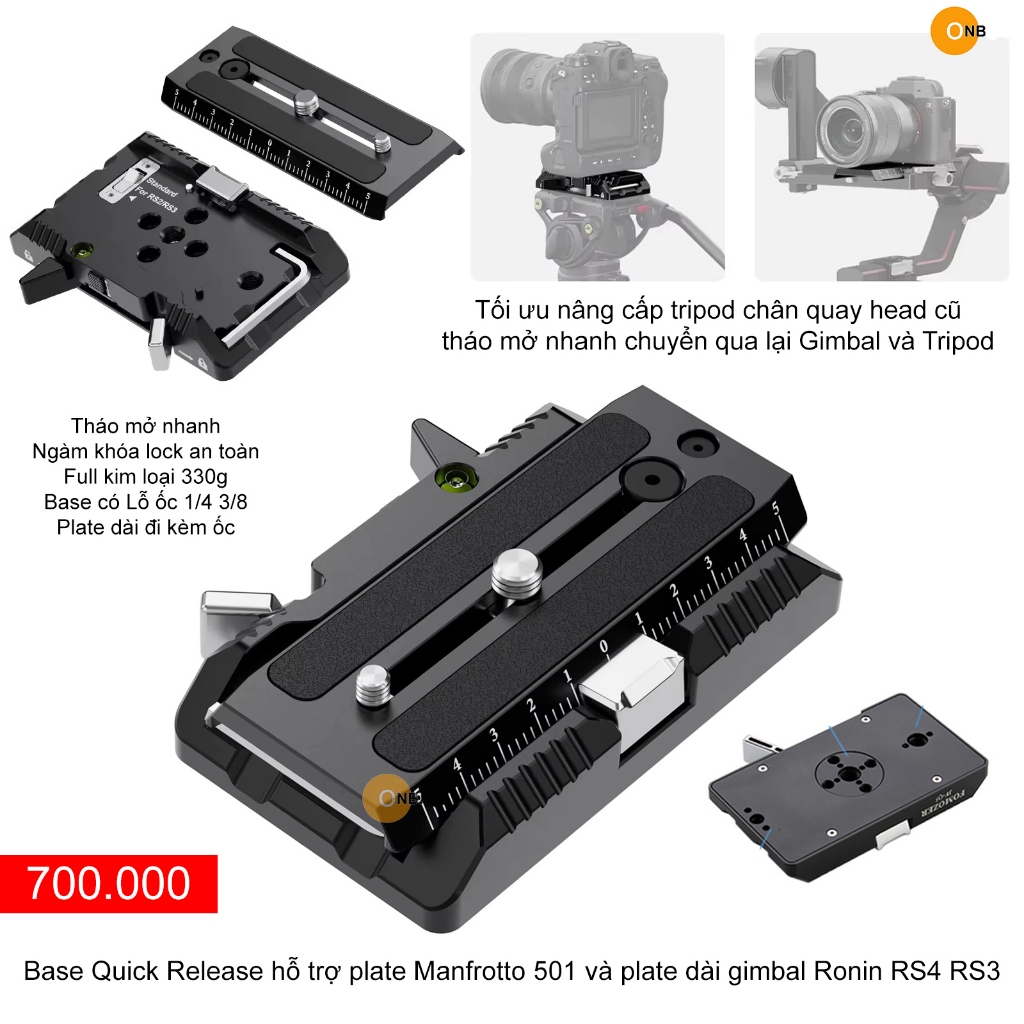 Base Quick Release hỗ trợ plate Manfrotto 501 và plate dài gimbal Ronin RS4 RS3 RS2