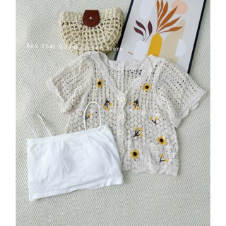 Áo Len Lưới Cộc Tay Hoạ Tiết Thêu Hoa Vàng,Kèm Quây Có Đệm Mặc Đi Chơi,Đi Biển Hàng QC