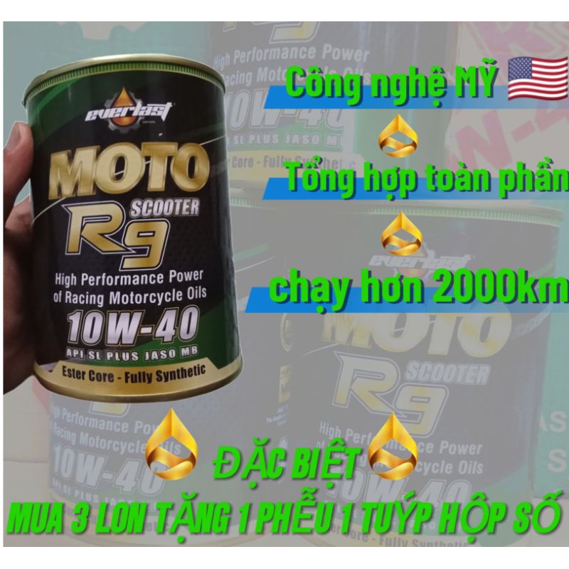 Nhớt Tổng hợp EVERLAST MOTO POWER R9 bôi trơn 10W40 API SL JASO MB