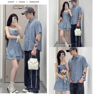 Áo váy đôi sơ mi caro xanh biển ngắn 2 dây phối ren đi biển xinh - FOREVER COUPLE