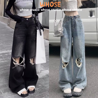Quần Jean Hiphop Rách Gối Ống Rộng phong cách Retro Cá Tính Âu Mỹ,Quần Bò Jeans Rách Gối Cạp Cao Whose Studio
