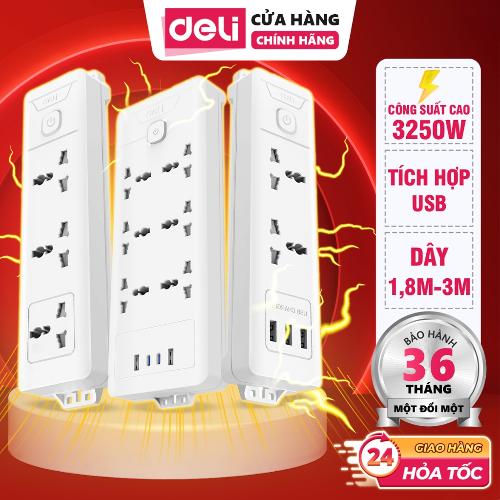 Ổ Cắm Điện Công Suất Cao 3250W Deli Chịu Tải Cực Tốt Tích Hợp Cổng USB Tiện Lợi Cho Gia Đình
