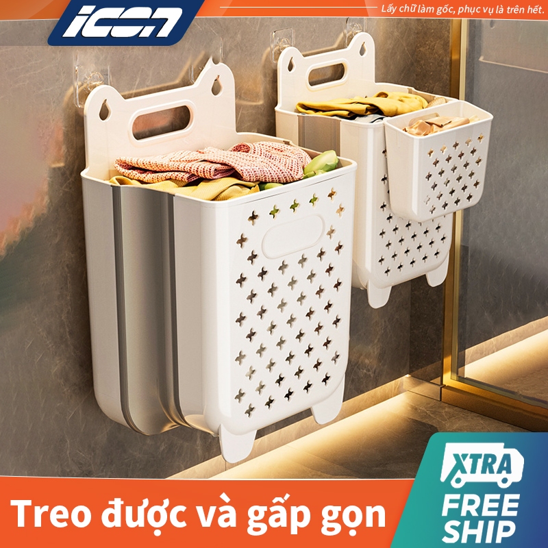 Bẩn treo tường gấp gọn ICON – Giỏ đựng quần áo, nhựa PP+TPR bền, lỗ thoáng & tặng móc