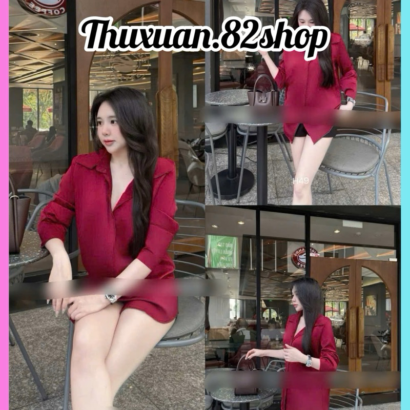 Áo sơ mi nữ phom basic lụa satin siêu hot Áo sơ mi lụa phom suông màu đỏ đô và đen sang chảnh