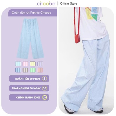 Quần ống rộng nữ Pannie Choobe vải sọc Oxford suông kèm dây rút tuỳ chỉnh eo dáng ống siêu rộng Q105
