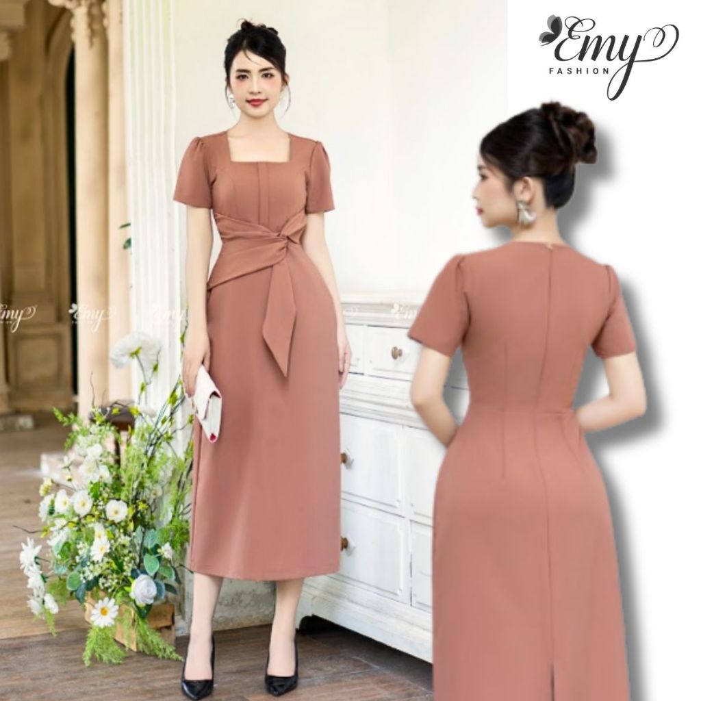 Đầm Thiết Kế Màu Hồng Đất Cổ Vuông EMY EM7557 Đơn Giản Tự Nhiên Đi Chơi, Đi Dự Tiệc, Đi Hẹn Hò