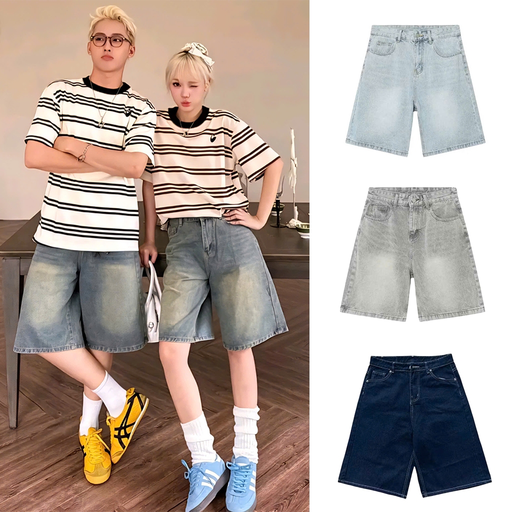 Quần Short Jeans Ngố Dáng Lửng Ống Rộng Wash Màu Retro