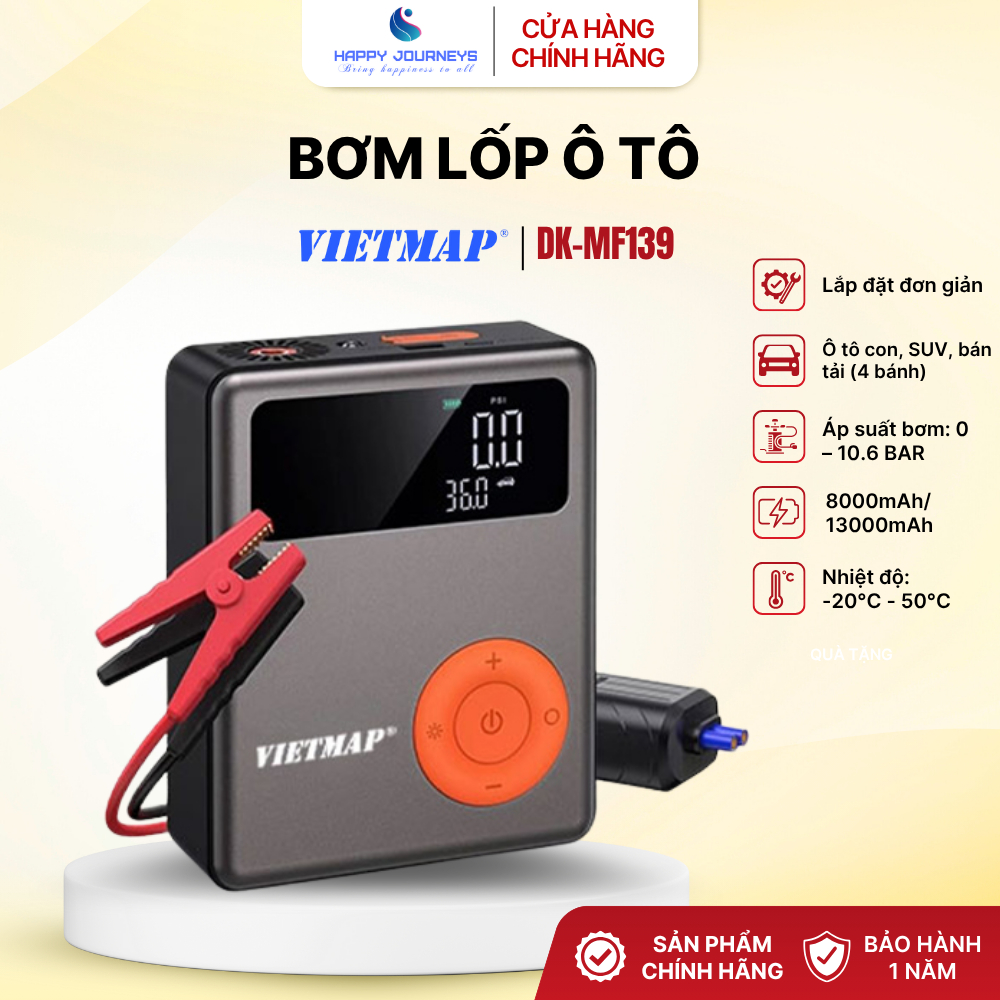Bơm Lốp Ô Tô Kèm Kích Bình 5in1 Vietmap DK-MF139, Pin Sạc, Vá Lốp, Đèn LED | HAPPY JOURNEYS