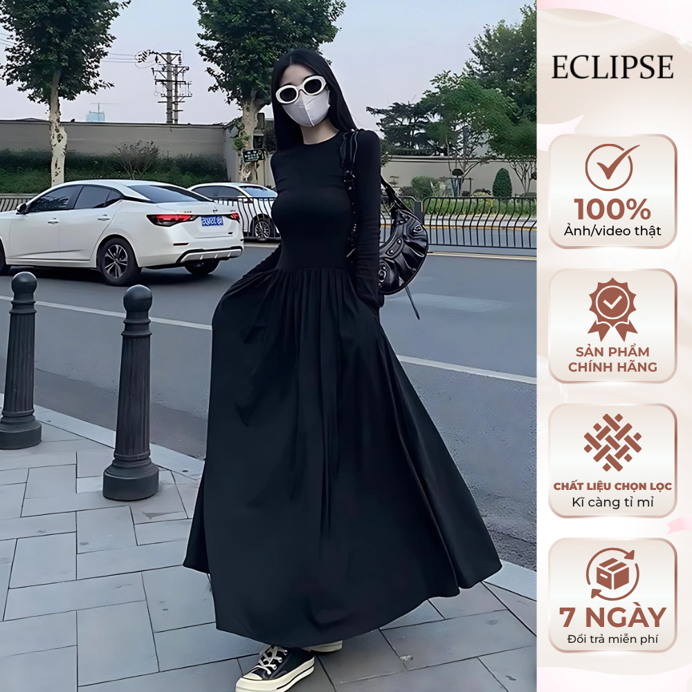 Váy dài tay trơn maxi nhún ly eo xoè Eclipse Clothing