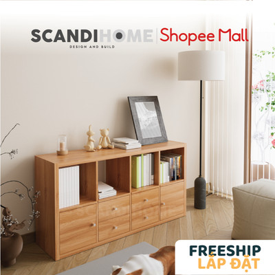 FELIX, Kệ sách 4x2 kèm 4 ô cửa SHE_016, 144x38x75cm, kệ gỗ Scandi Home