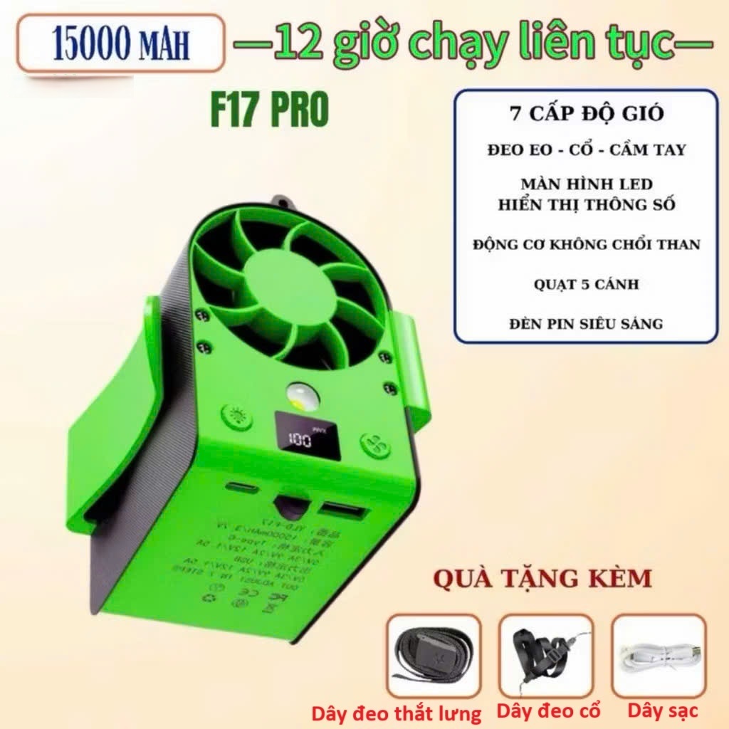 Quạt Mini Đeo Thắt Lưng  F17 - Động Cơ Không Chổi Than - Quạt Làm Mát Lưng. Chạy 12-32h. Sạc Dự Phòng 15000mAh