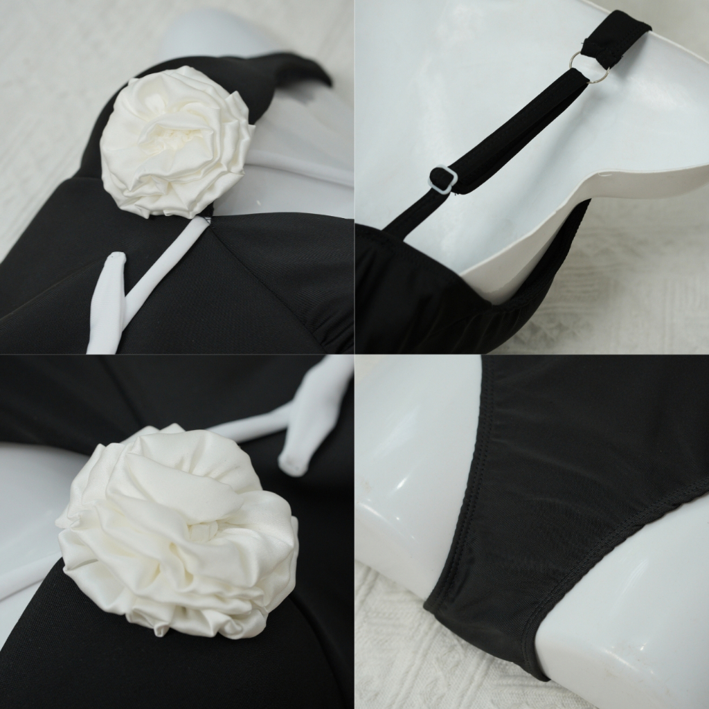 Bikini đi bơi liền thân ngọc nữ đính hoa hồng trắng kiểu Pháp, bikini đi biển sang chảnh sexy Freesize 50kg - M16 | BigBuy360 - bigbuy360.vn