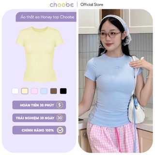 Áo phông nữ Honey Top Choobe dáng thắt eo cổ cao viền nhỏ cotton co giãn 4 chiều phối hình thêu A136