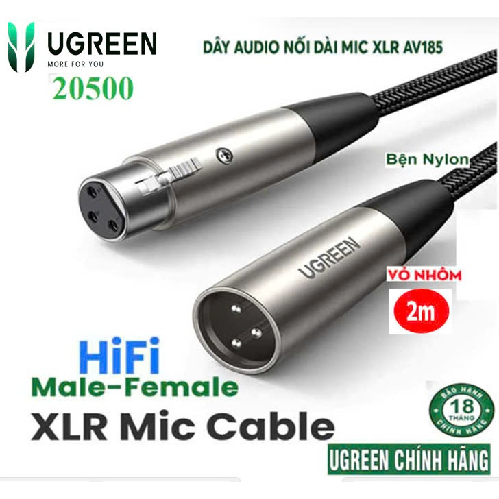 Dây Cáp nối dài XLR Ugreen 20500 20499 AV185 (dây Canon nối dài micro,bọc dù đầu nhôm )