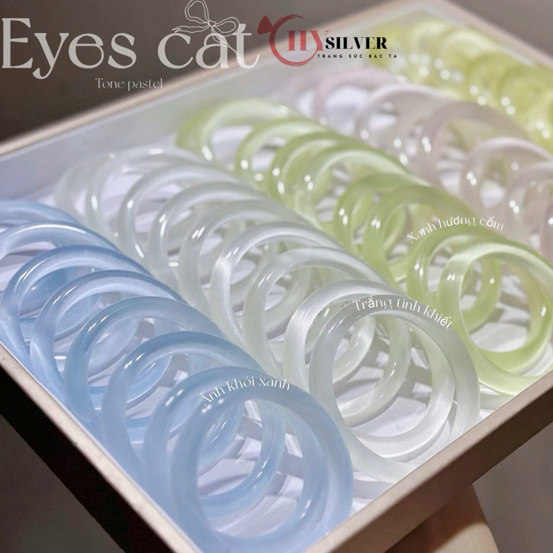 (Ảnh thật+tặng hộp đựng) Vòng tay đá mắt mèo CHY SILVER đá trong không vết hiệu ứng lấp lánh nhiều màu tone pastel