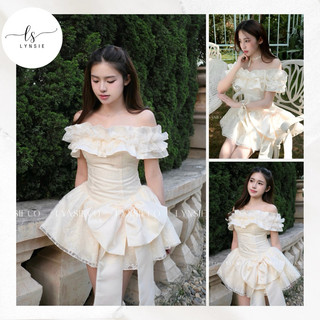   Leicy Dress  Váy trễ vai bèo 2 tầng phối ren đính kèm nơ bản to  Ảnh thật by Lynsie  
