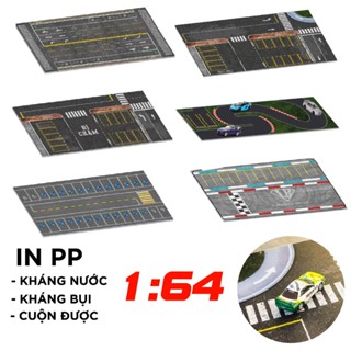 Diorama mặt đường cao tốc nhiều làn xe, bãi đậu xe in PP cán mờ chống nước bụi bẩn cho xe mô hình 1:64 dài 60, 80cm
