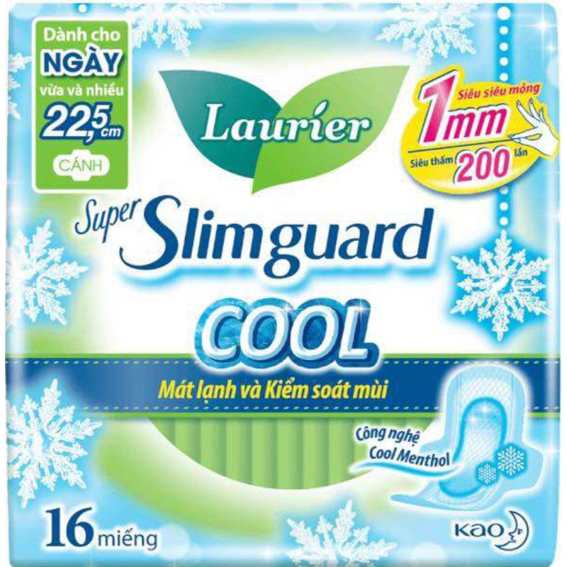 Băng Vệ Sinh Siêu Mỏng Mát lạnh & Kiểm Soát Mùi Laurier Super Slimguard Cool 22.5cm gói 16 miếng