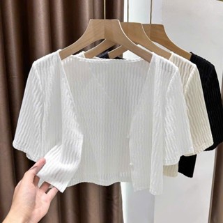 Áo khoác nữ, áo khoác len mỏng ngắn tay mềm mịn mát khoác ngoài áo váy 2 dây màu đen trắng kem hàng QC - RUBY