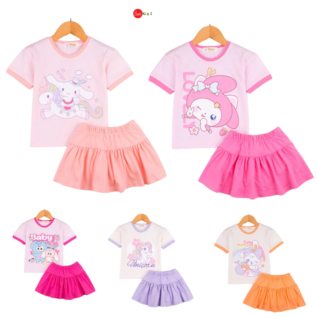 Bộ Cotton Trẻ Em Bé Gái BVK01 Size 3-11 ( 12-35kg) Bộ Bé Gái Ngắn Tay Chất Cotton,Bên Trong Chân Váy Có Chip Đùi- SUNKID