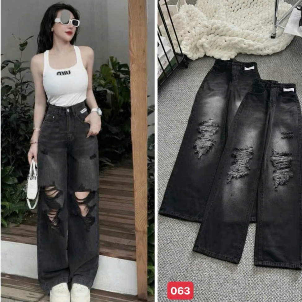 Quần jean nữ ống rộng A-T Fashion, quần baggy nữ chất denim dáng suông phối rách trẻ trung - MQ063
