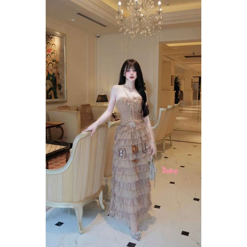 UyenBui🎀Caocap Set áo 2 dây kèm chân váy dài xếp ly tầng