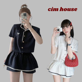 Set jumpsuit nữ cộc tay cổ tàu cúc đồng viền ren kèm quần váy  phối nơ có túi ngực xinh xắn tiểu thư CIMHOUSE- CB862