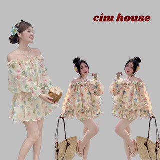 Đầm trễ vai nữ bánh bèo dài tay dáng bí họa tiết hoa xinh xắn váy tơ trễ vai tay bồng đi biển CIMHOUSE-MV236