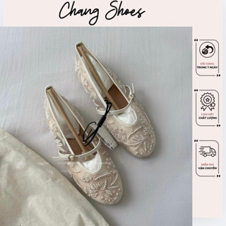 Giày búp bê nữ Z.RR lưới thêu ren hoa đính ngọc trắng kem đế bệt 1cm bộ sưu tập giày búp bê mới 2025 3688
