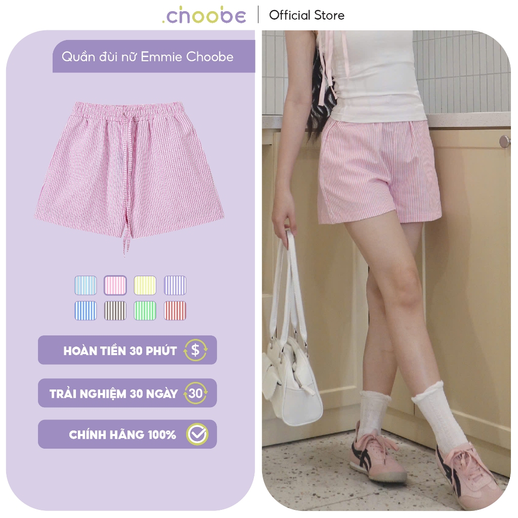 Quần đùi nữ Emmie Choobe vải kẻ sọc Oxford mát mẻ kiểu dáng cạp chun basic dây rút nhiều màu QSM09 | BigBuy360 - bigbuy360.vn