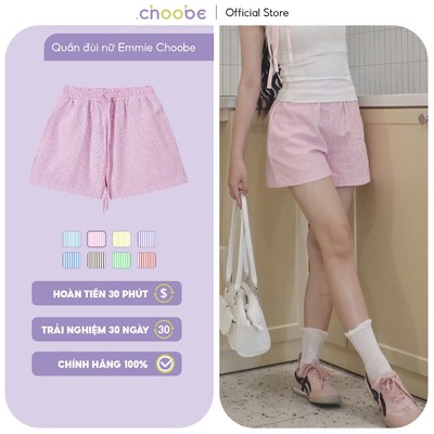 Quần đùi nữ Emmie Choobe vải kẻ sọc Oxford mát mẻ kiểu dáng cạp chun basic dây rút nhiều màu QSM09