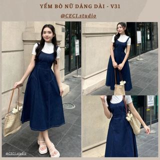 Váy jeans hai dây dáng dài CECI lưng chun dáng xòe chất liệu jean mềm [V31]