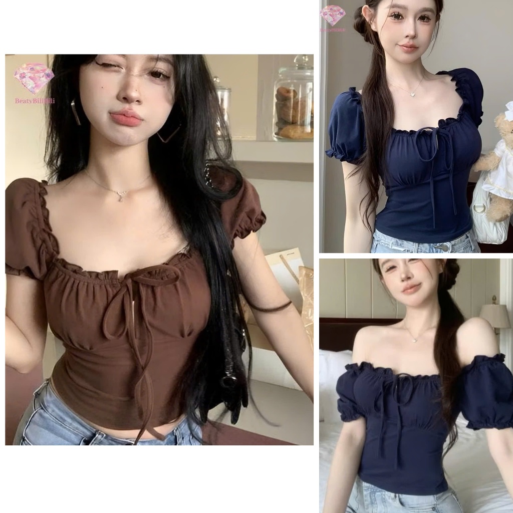 Áo Thun Nữ Bèo Rúm, Áo Kiểu Nữ Trễ Vai Nơ Cổ Ôm Dáng Jennie A22