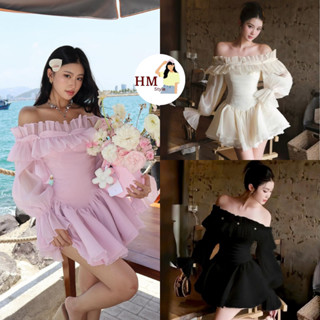 Váy babydoll trễ vai tay bồng đính ngọc đầm bánh bèo xoè tầng dây buộc eo tôn dáng HV168 HMStyle