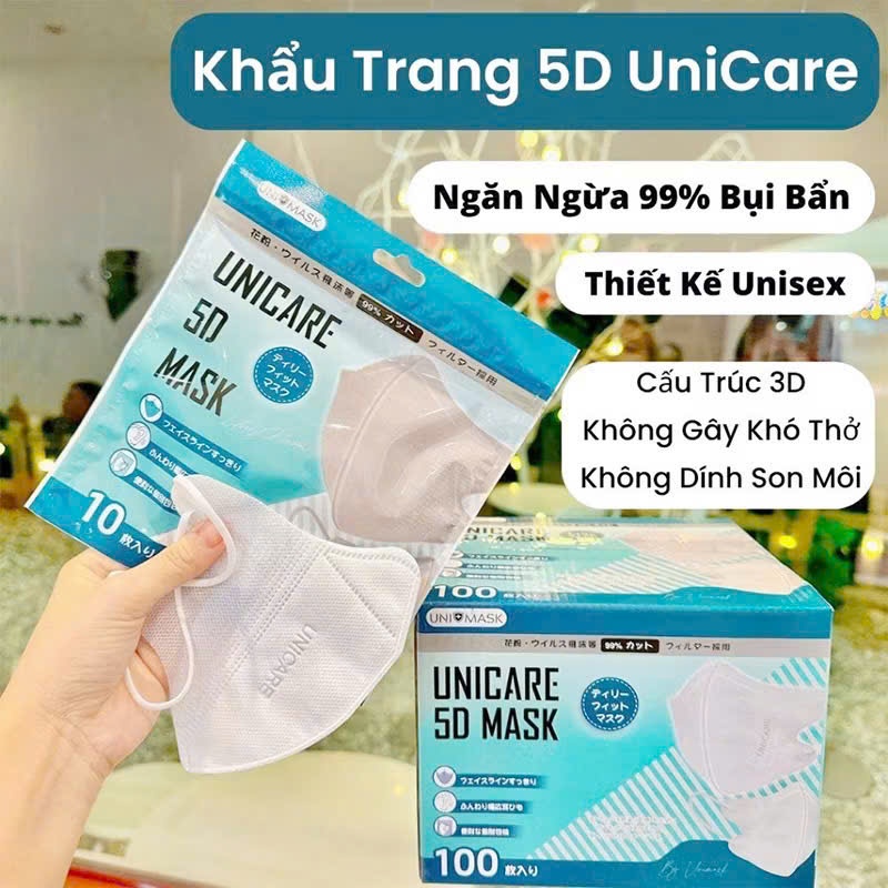 [Sét 100 chiếc] Khẩu trang 5D UNICARE, Khẩu Trang 3 Lớp Kháng Khuẩn, Kháng Bụi, Không Thấm Nước