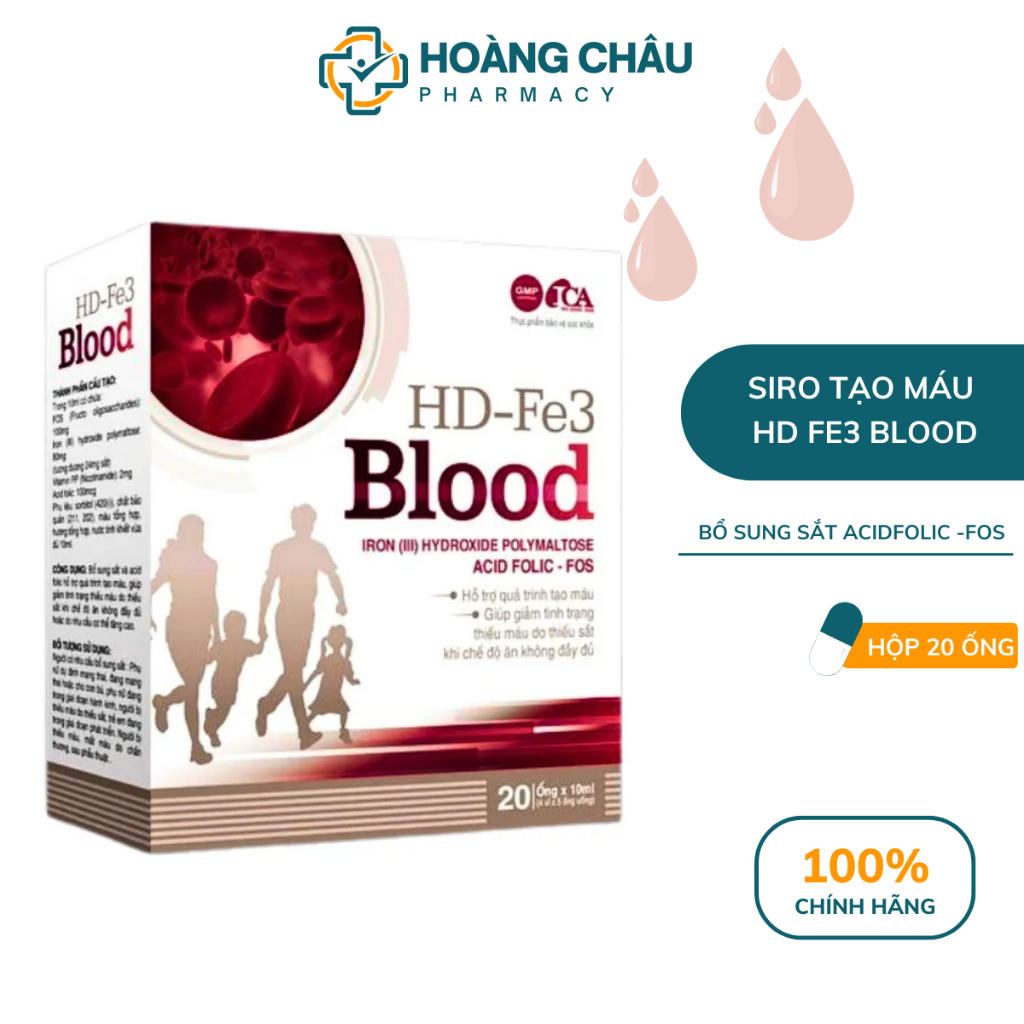 Siro Bổ Máu HD Fe3 Blood - Giúp Bổ sung Sắt Acid Folic, Tăng Cường Sức Khỏe, Giảm Mệt Mỏi Hộp 20 ống