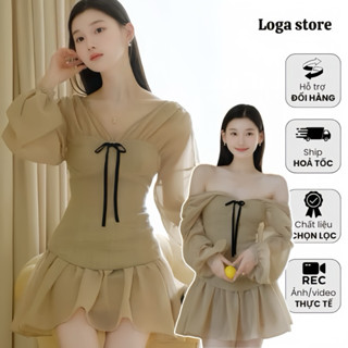 Váy phối tơ dáng ngắn tay bồng, váy ngắn nữ màu nâu phối tơ nữ tính Logastore_L212