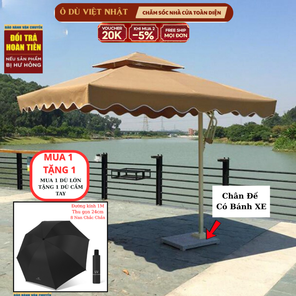 Ô Che Mưa Lệch Tâm Mái Vuông ,Hàng Nhập Khẩu ,Dù Chống Thấm Nước 2 Lớp Kích Thước 2m5 Tặng Ô Cầm Tay