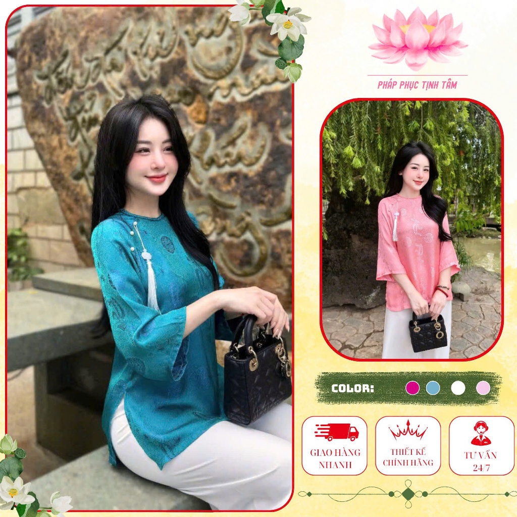 MÃ ÁO LẺ ,Pháp phục đi chùa, đồ bộ lam đi chùa nữ chất liệu gấm Phượng Đằng Cổ Tết cao cấp - Pháp phục Tịnh Tâm